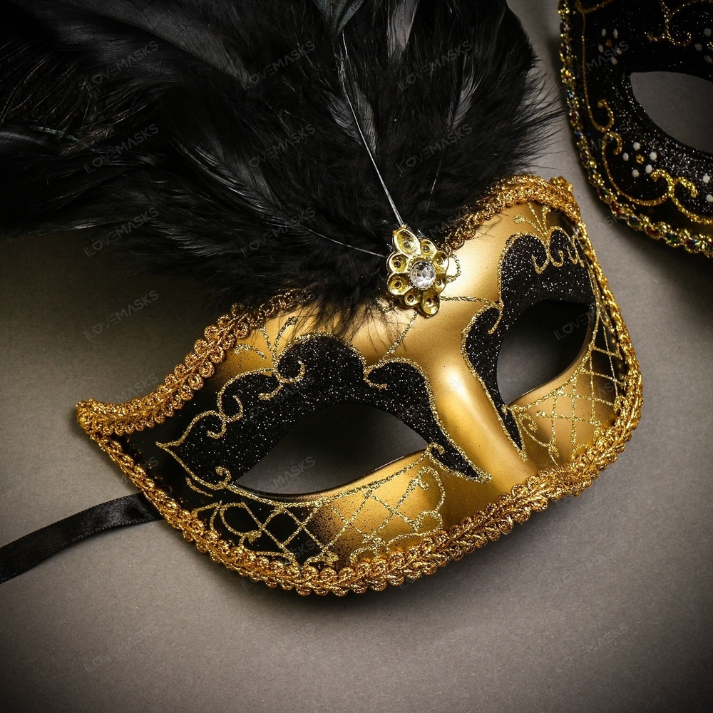 Gold Black Side Feather Glitter & Gold Black Mardi Gras Top Feather Combo Masks - Picture 2 of 3